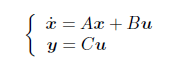 dx/dt = Ax + Bu, y = Cx